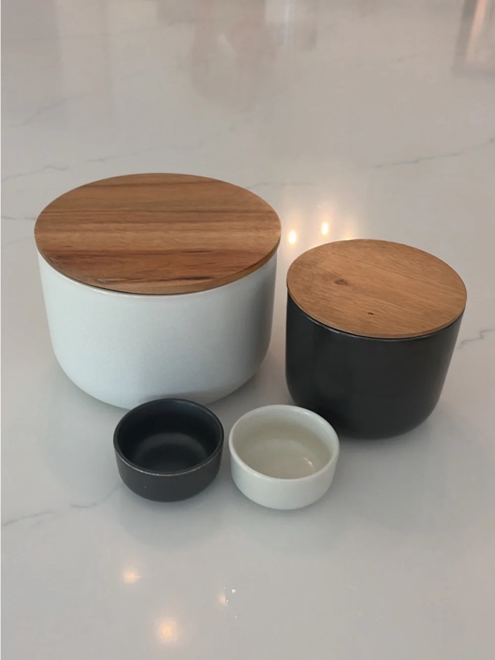 Pottery Barn Ceramic Canister Set with Wood Lids - White & Black